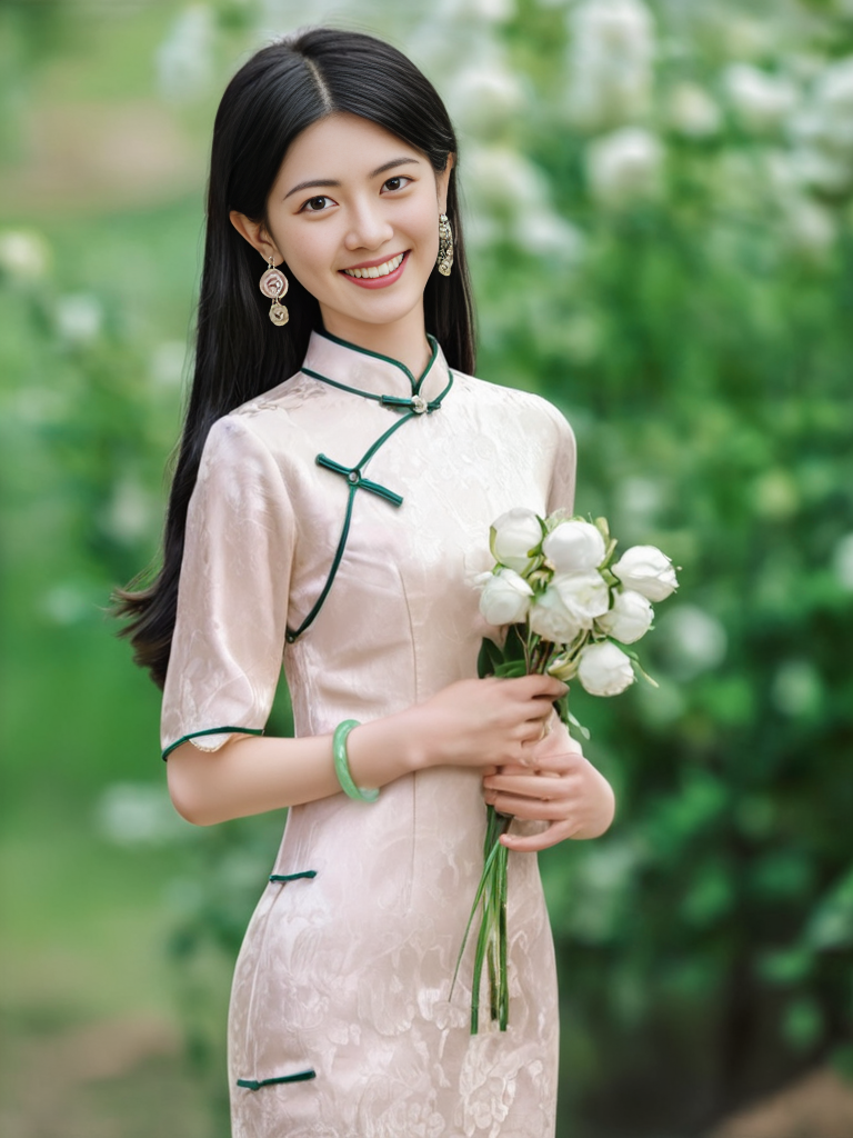 17787-415352997-_lora_旗袍-000008_0.8_，qipao, china dress, 1girl, jewelry, solo, earrings, black hair, long hair, smile, holding, bracelet, flower.png